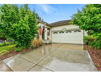 Charming home featuring a two-car garage, American flag, and mature landscaping on a partially cloudy day at 3534 Starry Night Loop, Castle Rock, CO 80109