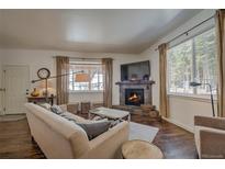 Cozy living room featuring a stone fireplace and large windows offering natural light at 532 Kimmes Ln, Breckenridge, CO 80424