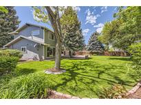 Secluded backyard featuring a lush green lawn, mature trees, and a cozy patio area at 6338 S Oneida Ct, Centennial, CO 80111