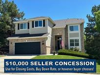 Charming two-story home with a two car garage, an American flag, and well maintained front yard at 8114 Briar Ridge Dr, Castle Pines, CO 80108