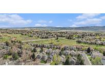 Expansive aerial view of the residential neighborhood with tree lined streets and mountain views at 9921 Spring Hill Pl, Highlands Ranch, CO 80129