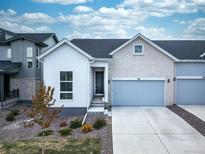 Charming exterior with a gray door, concrete driveway, and attractive landscaping against a partly cloudy sky at 195 Silver Rock Trl, Castle Rock, CO 80104