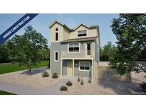 Modern two-story home with a front balcony and charming architectural details under construction at 46534 Avery Ln, Bennett, CO 80102