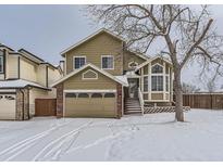 Tan two-story house with a large window and snow covered lawn at 1218 Ascot Ave, Highlands Ranch, CO 80126