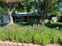 Charming single-story home featuring a lush garden with a colorful array of flowers and mature shade trees at 667 W Valleyview Ave, Littleton, CO 80120