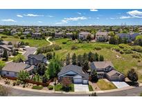 Lovely aerial view of neighborhood with mature landscaping and views of the Rocky Mountains at 1488 Baguette Dr, Castle Rock, CO 80108