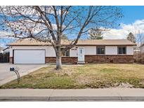 Charming single-story home featuring a brick facade, attached garage, and mature tree in the front yard at 2916 S Jasper St, Aurora, CO 80013