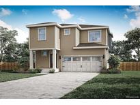 Two-story house with beige siding, two-car garage, and landscaping at 18348 E 93Rd Pl, Commerce City, CO 80022