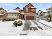 Two-story home with stone and wood siding, a large driveway, and basketball hoop at 1128 Starglow Pl, Highlands Ranch, CO 80126