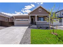 Charming single-Gathering home with a well-manicured lawn and inviting front porch at 19040 E 96Th Pl, Commerce City, CO 80022