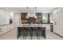 Modern kitchen features a large island with seating, stainless steel appliances, and stylish lighting at 18 Foxtail Cir, Englewood, CO 80113