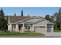 Charming single-Gathering home featuring stone accents, a covered porch, and a two-car garage at 3966 Doubletrack Ln, Castle Rock, CO 80108
