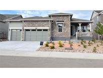 Beautiful stone and siding exterior with a well-manicured front yard and attached two car garage at 3966 Doubletrack Ln, Castle Rock, CO 80108