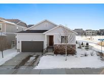 Nice two-story house with a stone and siding exterior, two-car garage, and snowy front yard at 5107 Ditmars Ln, Castle Rock, CO 80104