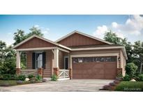 Charming single-story home with a two-car garage, covered porch, and appealing architectural details at 4689 Thistle Dr, Brighton, CO 80601