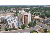 Aerial view of the condominium building and surrounding neighborhood at 4570 E Yale Ave # 1104, Denver, CO 80222