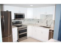 Modern kitchen featuring stainless steel appliances, sleek countertops, and bright white cabinetry at 14300 E Marina Dr # 109, Aurora, CO 80014