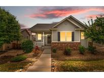Charming single-story home with landscaped front yard, pathway lighting, and a welcoming front porch at 3678 Shadow Cir, Castle Rock, CO 80109