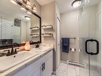 Modern bathroom featuring double sinks, a large mirror, and a glass-enclosed shower, with sleek fixtures and finishes at 2280 S Oswego Way # 104, Aurora, CO 80014