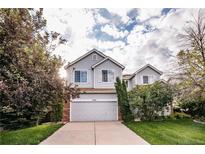 Charming two-story home features a well-maintained lawn and an attached two-car garage at 10154 Fairgate Way, Highlands Ranch, CO 80126