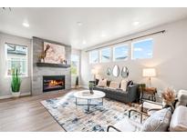 Bright living room with fireplace, gray sofa, and area rug with blue pattern at 9700 E 63Rd Pl, Denver, CO 80238
