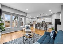 Open-concept living room featuring hardwood floors, large windows, and modern decor at 14284 W 88Th Dr # B, Arvada, CO 80005