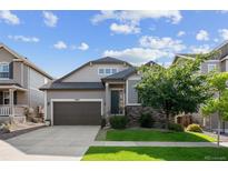 Beautiful two-story home with a well-maintained lawn, charming stone accents, and a two-car garage at 10929 Endeavor Dr, Parker, CO 80134