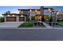 Beautiful modern two-story home featuring a stone and gray facade with a well-manicured front yard and three car garage at 10095 S Shadow Hill Dr, Lone Tree, CO 80124