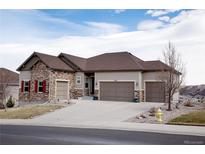 Charming exterior elevation features stone accents, a three-car garage, and well-maintained landscaping at 3910 Mighty Oaks St, Castle Rock, CO 80104