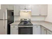 Well-lit kitchen featuring updated appliances, gray cabinets and speckled countertops at 2880 S Locust St # 109S, Denver, CO 80222