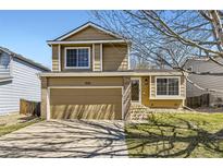 Charming two-story home features a two-car garage and inviting curb appeal on a sunny day at 11302 Tumbleweed Way, Parker, CO 80138
