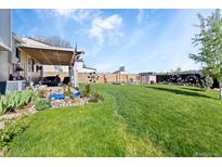 Spacious backyard features a well-manicured lawn, covered patio, garden area, basketball court, and storage shed at 10405 W 107Th Pl, Broomfield, CO 80021