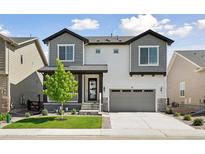Beautiful two-story home with gray accents, a well-manicured lawn, and a two-car garage at 81 Simmental Loop, Castle Rock, CO 80104