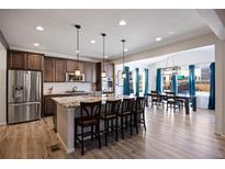 Spacious kitchen with an island, stainless steel appliances, and dark brown cabinets at 6211 Leilani Ln, Castle Rock, CO 80108