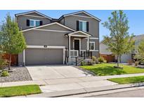 Two-story house with gray siding, attached garage, and landscaped yard at 6112 Black Mesa Rd, Frederick, CO 80516