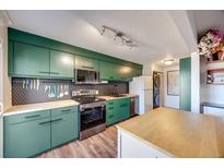 Modern kitchen features green cabinets, butcher block countertops, stainless steel appliances and stylish backsplash at 2917 S Locust St, Denver, CO 80222