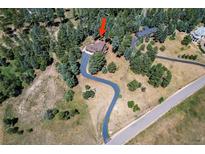 An aerial view of the home showing the long driveway, the surrounding trees and neighborhood at 8171 S Homesteader Dr, Morrison, CO 80465