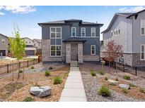 Beautiful two-story home with gray siding, stone accents, manicured landscaping, and inviting walkway to the front door at 3314 N Haleyville Ct, Aurora, CO 80019