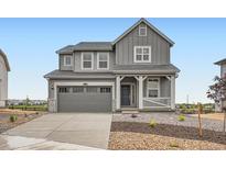 Charming two-story home with a gray exterior, covered front porch, and manicured front yard at 11039 Snowdon St, Parker, CO 80134