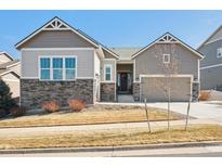 Charming home with stone accents, a well-manicured lawn, and a two-car garage at 17890 Calendula Dr, Parker, CO 80134
