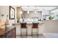 Modern kitchen featuring stainless steel appliances, light wood cabinets, and a breakfast bar with seating for two at 2 Adams St # 305, Denver, CO 80206