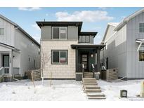 Charming two-story home featuring modern gray siding and a welcoming front entrance with concrete steps at 7360 Watercress Dr, Littleton, CO 80125