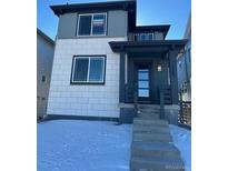 Two-story home with gray and white exterior, steps leading to the entrance, and a small yard at 7360 Watercress Dr, Littleton, CO 80125