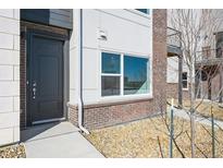 Modern home exterior with brick accents and a dark gray front door at 453 Interlocken Blvd # 102, Broomfield, CO 80021