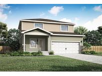 Charming two-story home featuring neutral siding, a covered front porch, attached two-car garage, and manicured lawn at 48275 Shetland Dr, Bennett, CO 80102