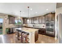 Open kitchen features stainless steel appliances, a large island with seating, and beautiful countertops at 22268 E Hidden Trail Dr, Parker, CO 80138