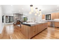 Open kitchen featuring a large island, modern lighting, and connection to a cozy living area with a fireplace at 1675 S Steele St, Denver, CO 80210