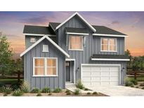 Charming two-story home with gray siding, a two-car garage, and a well-manicured front yard at 4273 Ridgewalk Pt, Castle Rock, CO 80108