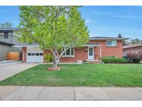 Charming brick home featuring a lush front yard, a large tree, and an attached one-car garage at 503 Lois Dr, Louisville, CO 80027