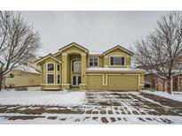 Two-story house with a large front yard, two car garage, and snow covered driveway at 17624 E Peakview Ave, Aurora, CO 80016